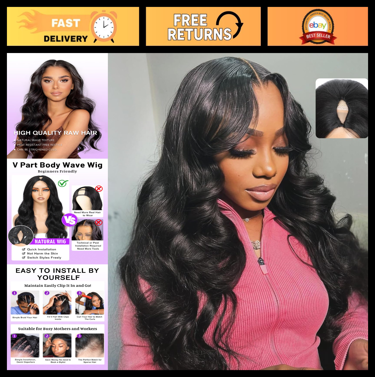 V Part Human Hair Wig Body Wave 180% Density Clip-In Half Wig for Black Women 22