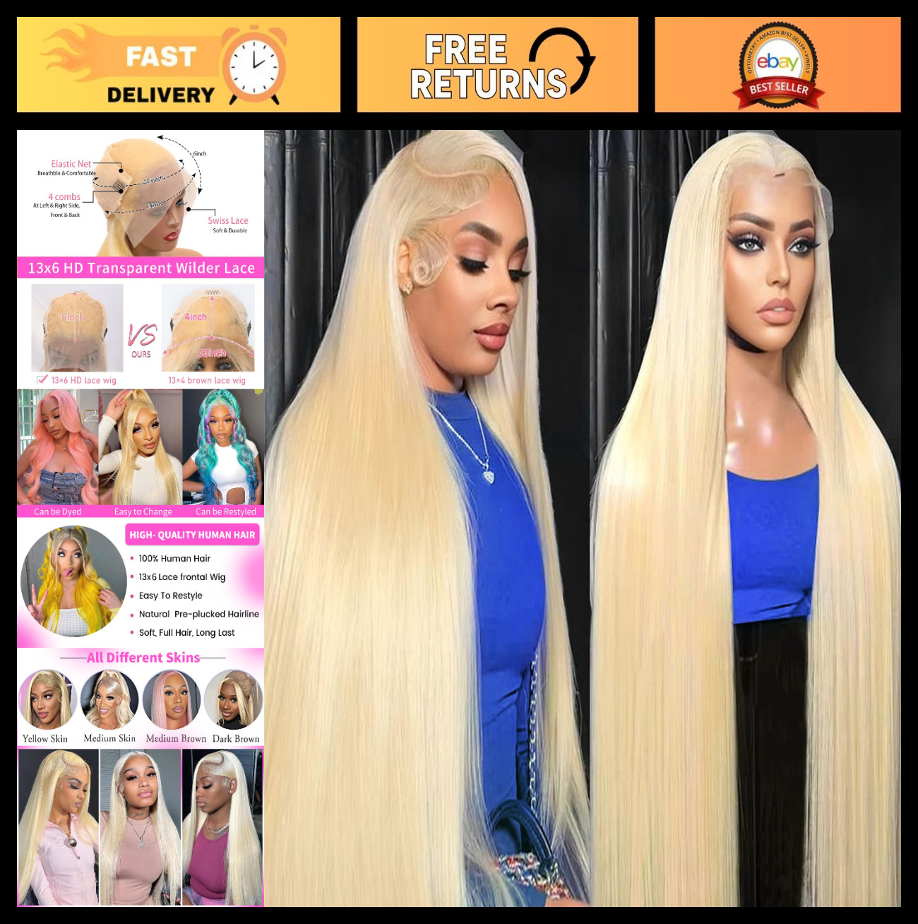 32″ 200 Density Blonde Lace Front Wig, HD Transparent, Straight, Pre-Plucked, Gl