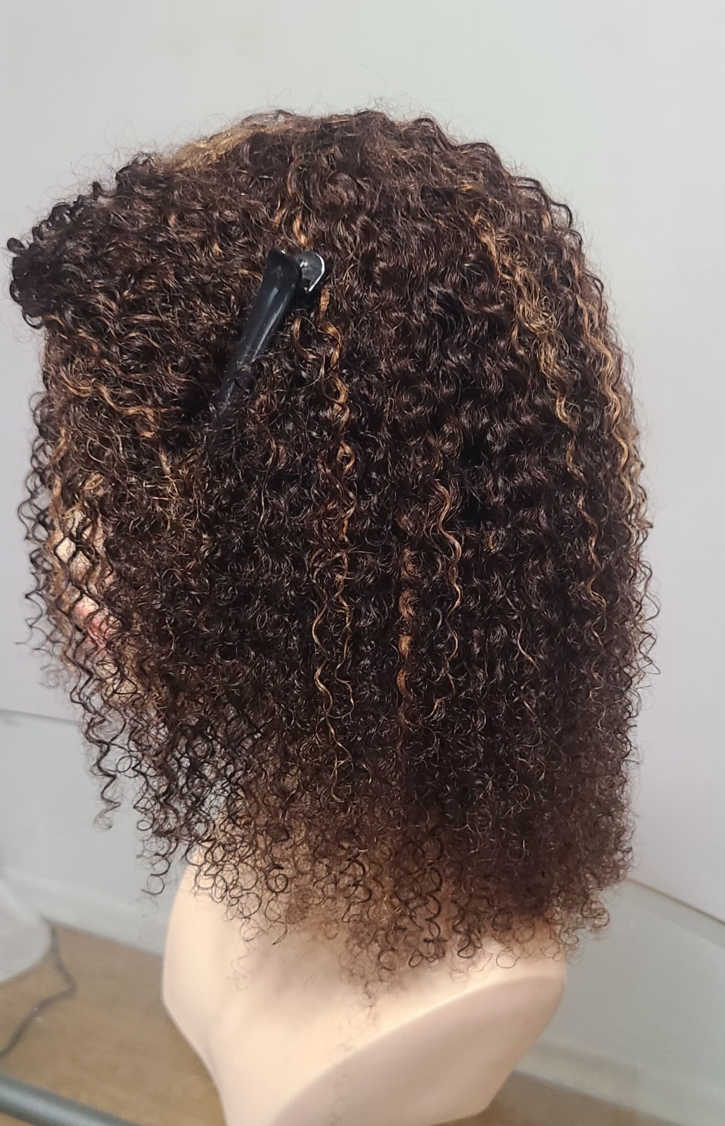 14″afro kinky Curly Glueless wig,Human Hair with #4/27 medium brown, Highlights.