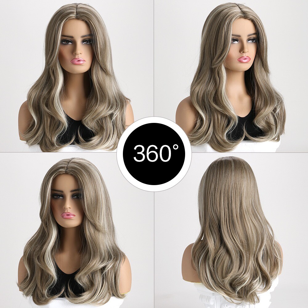22in Long Blond Brown Ombre Wavy Wig for Women Heat Resistant Synthetic Cosplay