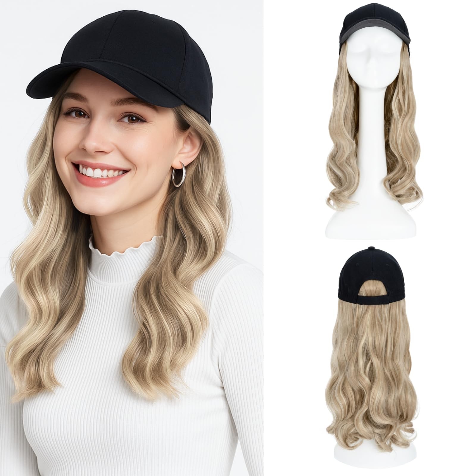 Hat Wig, Hat with Hair Attached for Women Black Baseball Cap with Hair Extens…