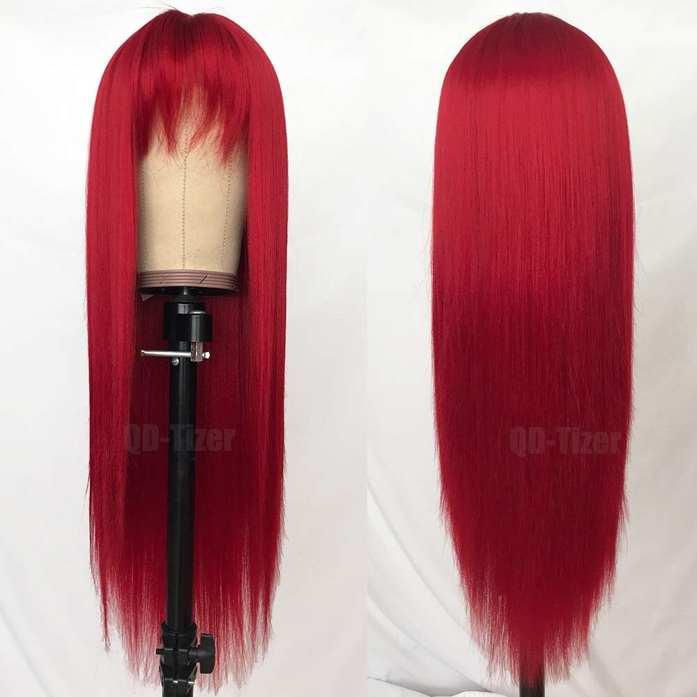 Long Straight Red Wigs Full Neat Bangs Heat Resistant Synthetic Hair Wig Cosplay