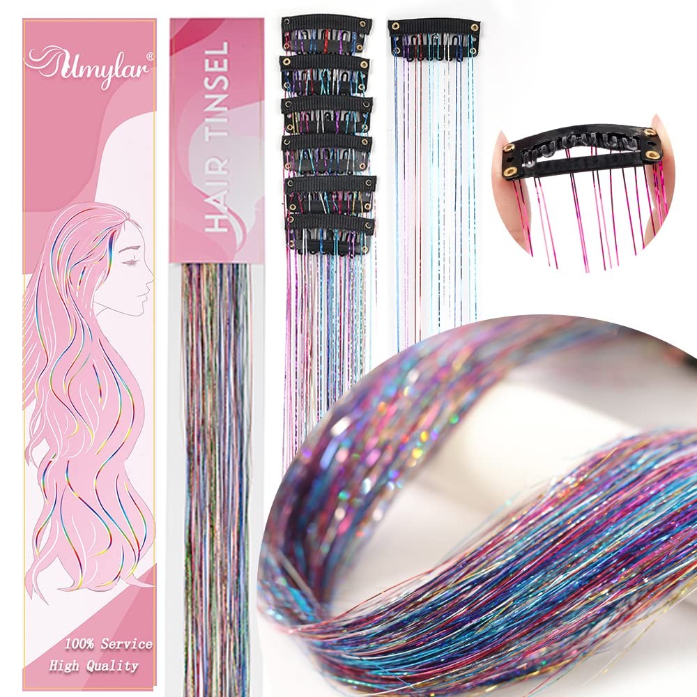 Hair Tinsel Pack of 12 Pcs Colorful Glitter Hair Accessories 20 Inch Clip in …