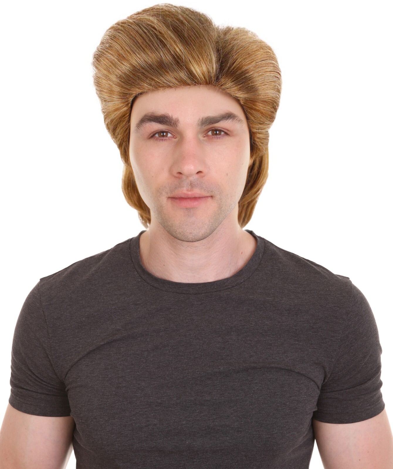 Adult Men’s 80’s Mullet Wig Brown , Premium Breathable Capless Cap, HM-247A