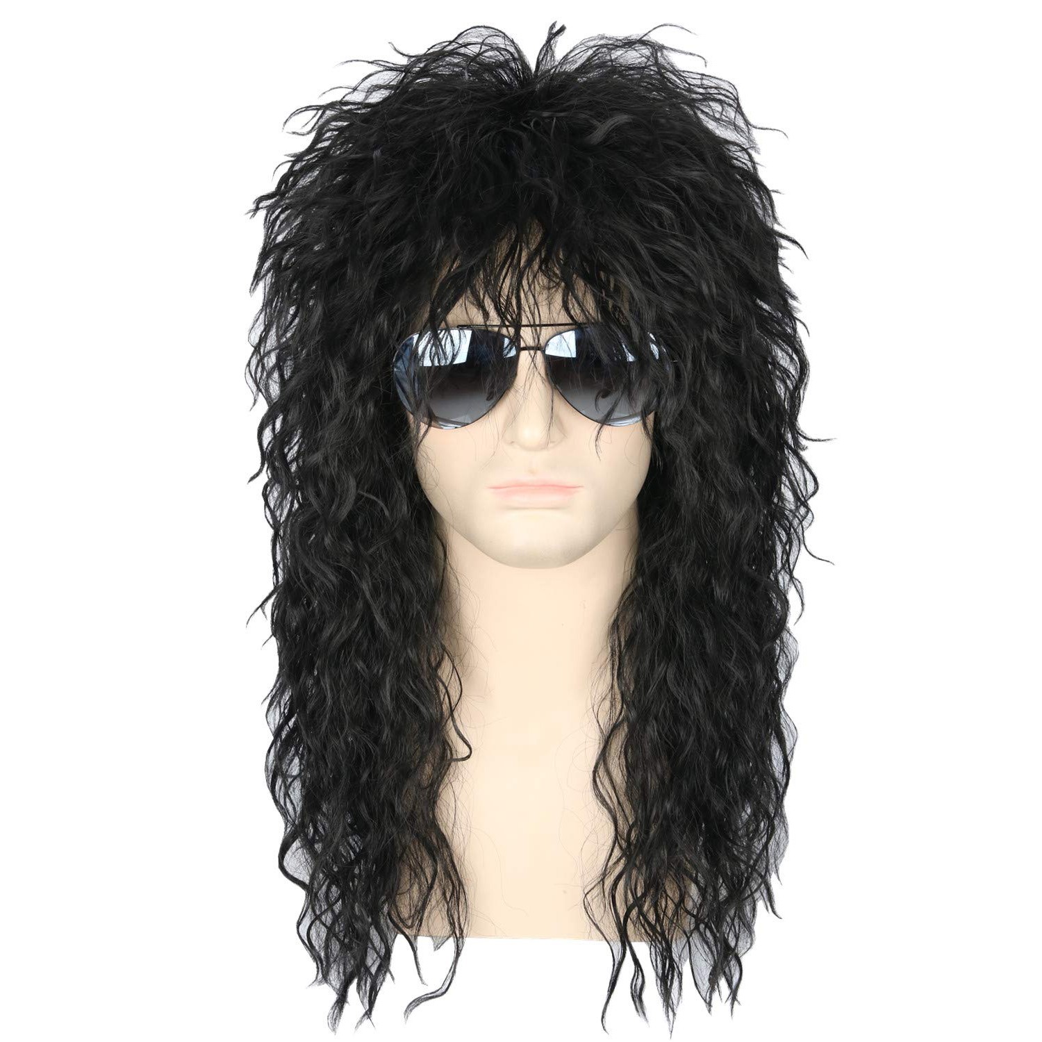 Men’s 80s Black Mullet Wigs Long Curly Black Rocker Metal Mullet Wig Party Gifts