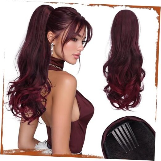 Drawstring Ponytail Extension for Women 24 Inch Comb Clip in Ombre Wine Red