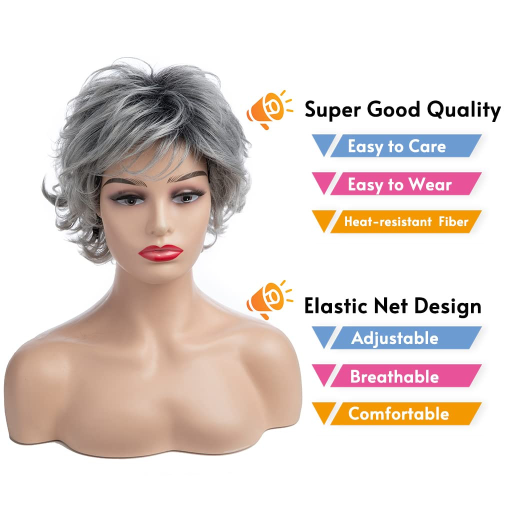 Silver Grey Wigs for White Women Short Highlighted Layered Gray Wavy Wig
