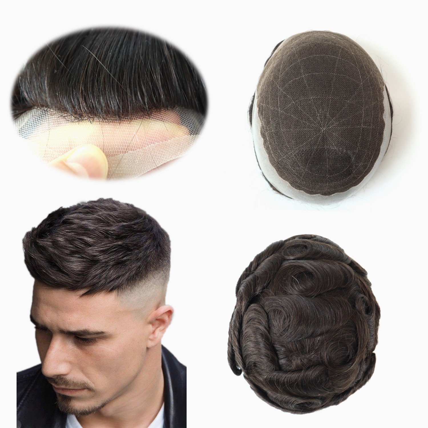 Toupee for Men Human Hair French Lace Hairpiece Dark Brown Hair System Q6 8X10#2