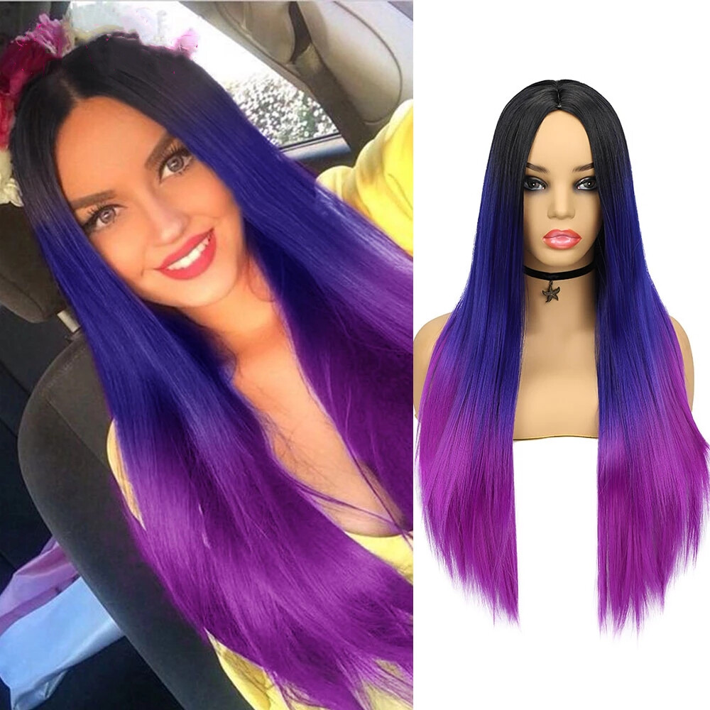 Black Blue Purple Long Straight Synthetic Wigs Natural Middle Part For Women