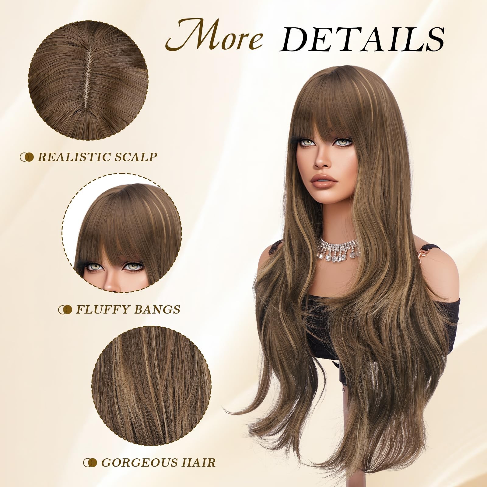 Blonde Brown Wigs with Bangs – Long Layered Natural Looking Synthetic Heat Re…