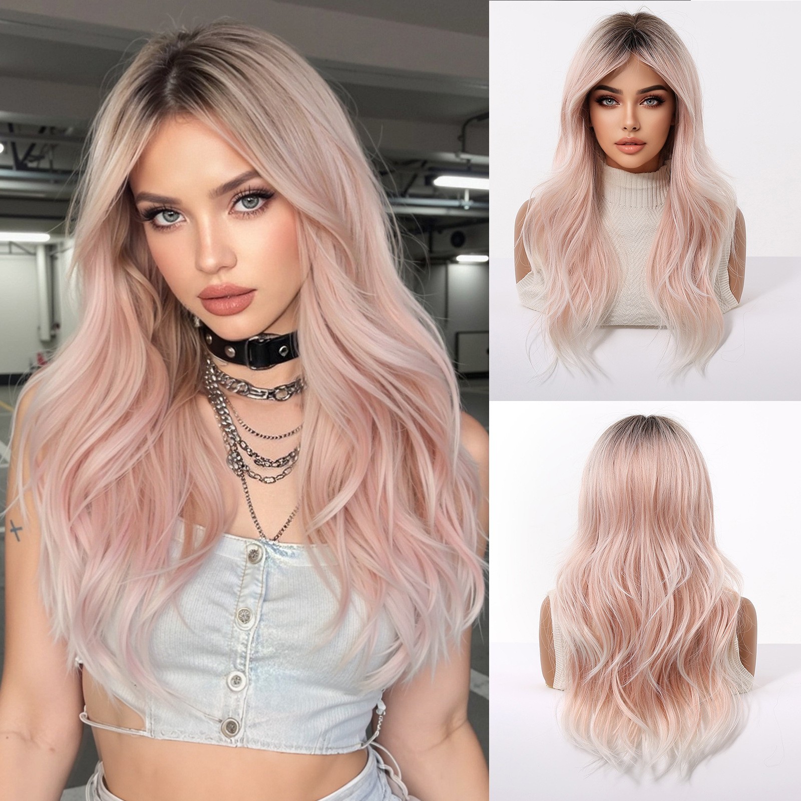 Cosplay Party Wig Ombre Light Pink Wigs With Bangs for Women Girls Syntheic Hair