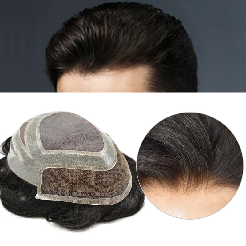 US Mens Toupee French Lace Front Hairpiece Fine Mono Poly Skin Hair Systems