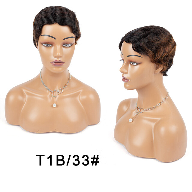 Short Wig Black Brown Curly Wig Finger Wave 100% Human Hair Full Wig Fashion Wig