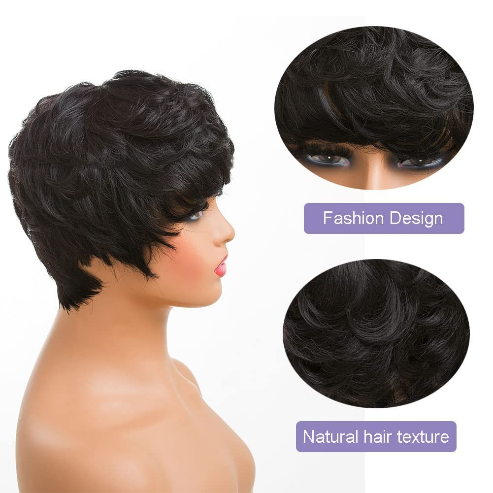 Human Hair Wigs Black Short Curly Pixie Cut with Bangs for Women
