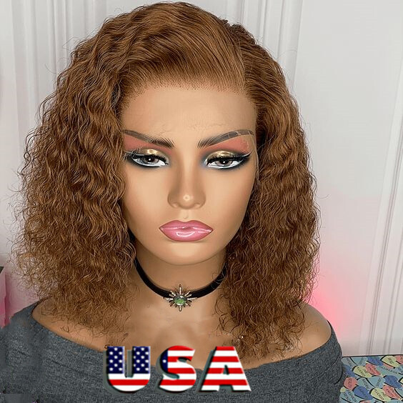 13×4 Water Wave Lace Front Human Hair Wigs Deep Curly Short Bob Wig Brown 130%