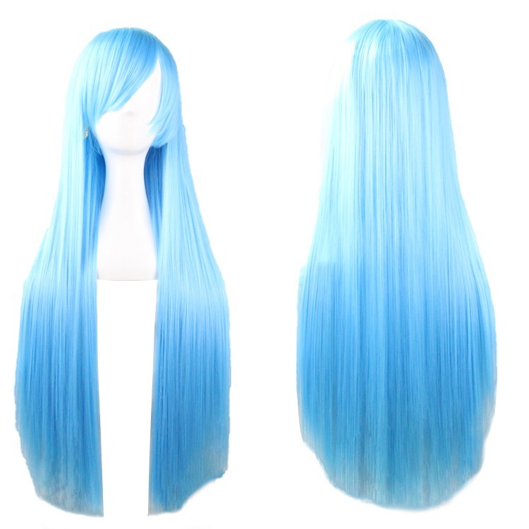 Blue New 80cm Straight Sleek Long Full Hair Wigs Side Bangs for Women Rose Net