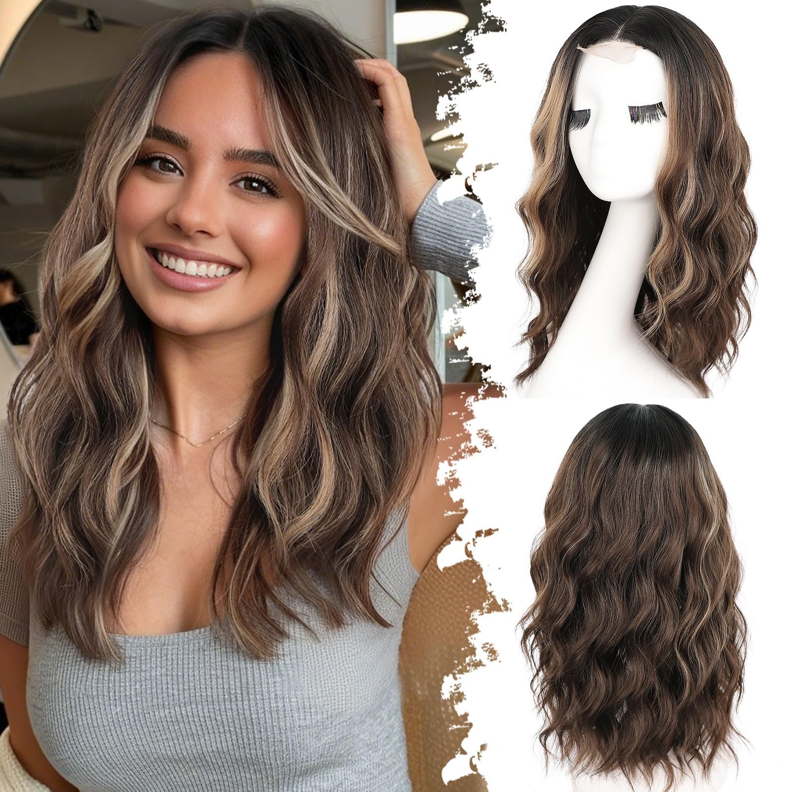 Dark Brown Mixed Blonde Long Wavy 18in Women Premium Hair Wig
