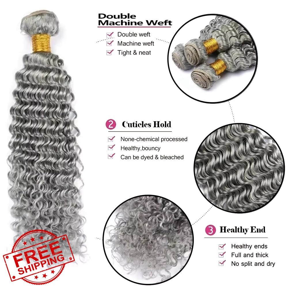 GtaiiReu Grey Human Hair Bundles 22 24 26 Inch Deep Wave