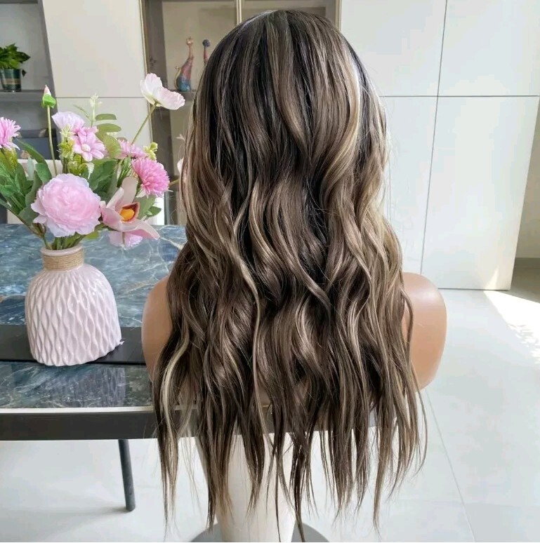 HD Lace Front Wig Human Hair Blend Highlights Wavy Curly Honey BROWN Blonde
