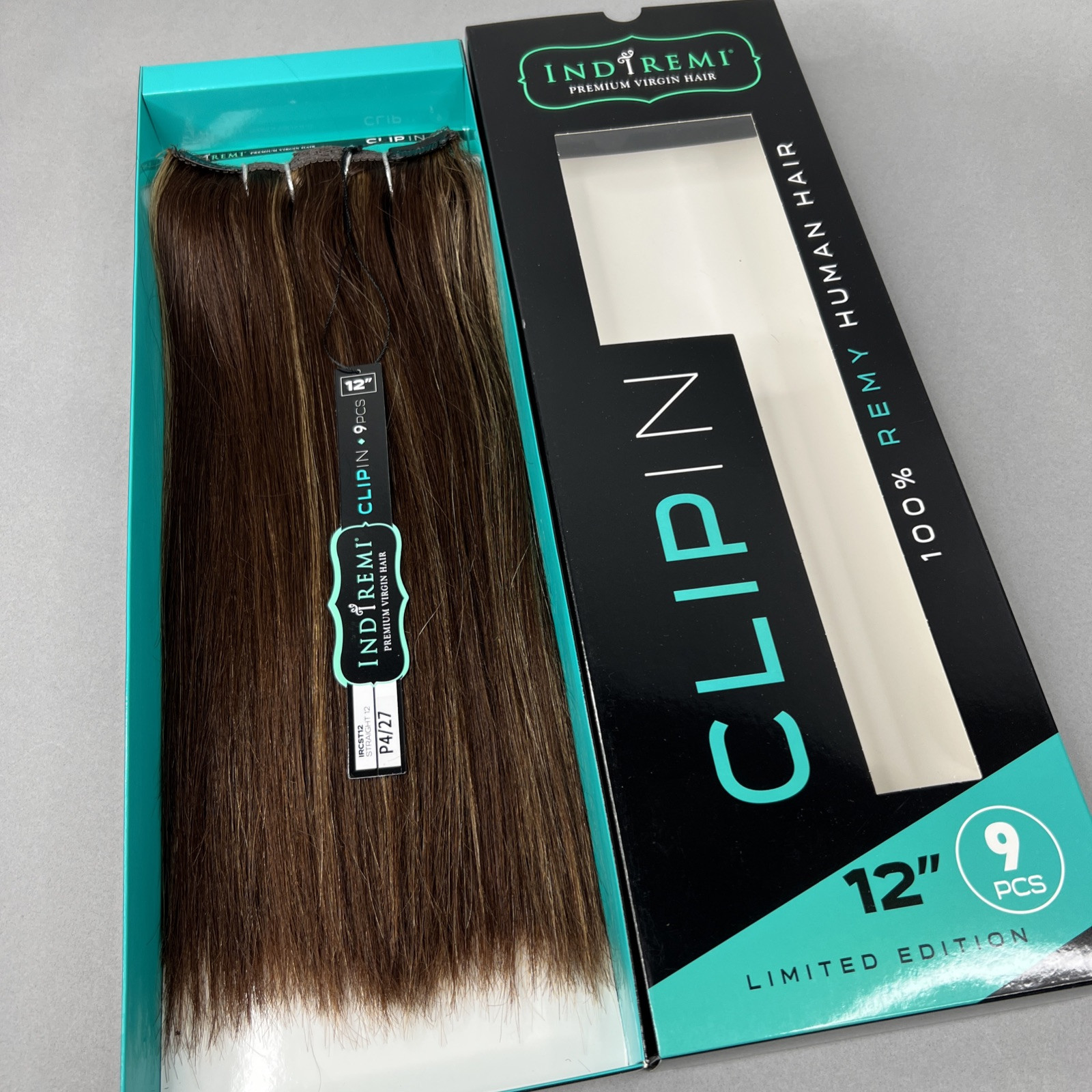 Indi Remi 9 Pc 12” Clip-in #4/27 Dark Brown & Honey Straight Human Virgin Hair