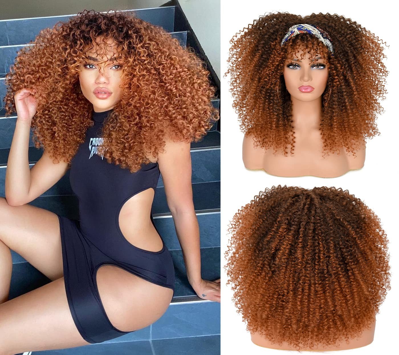 16-Inch Glueless Afro Curly Wig with Bangs – Black to Brown Heat-Resistant Style