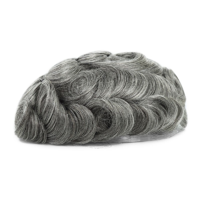 Mens Toupee French Lace Human Hair System Medium Density Grey Hair Pieces #1B65