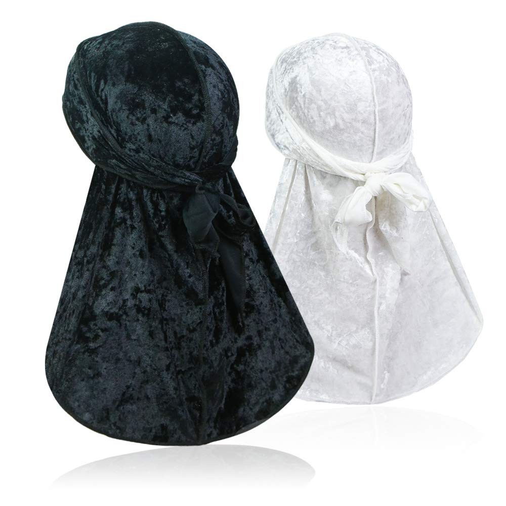 ASHILISIA 2 PCS Crushed Velvet Wave Durag – 1 Count (Pack of 2), Black+white