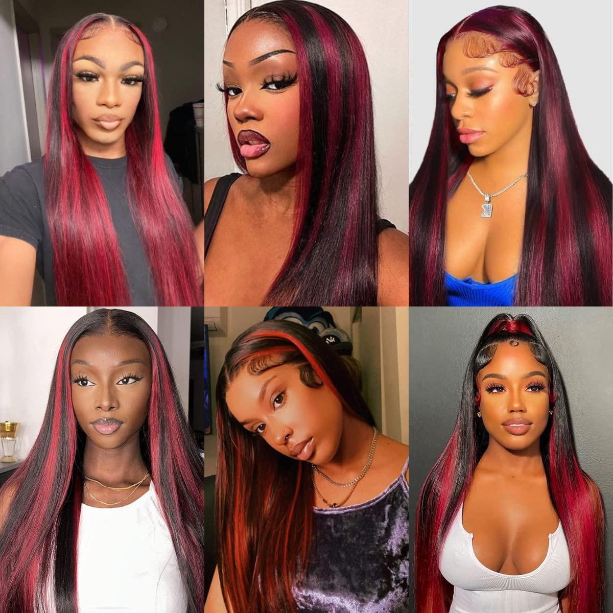 Black Wigs With Red Highlights Streak 100% Human Hair Lace Front Wigs 13×4