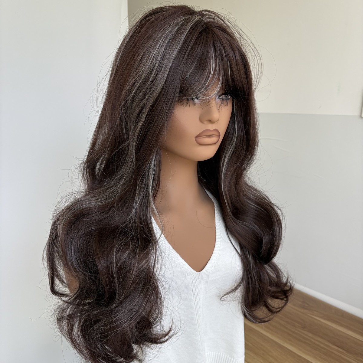 Long Wavy Mixed Brown blonde Cosplay Party Wig With Bangs Synthetic Hair Soft