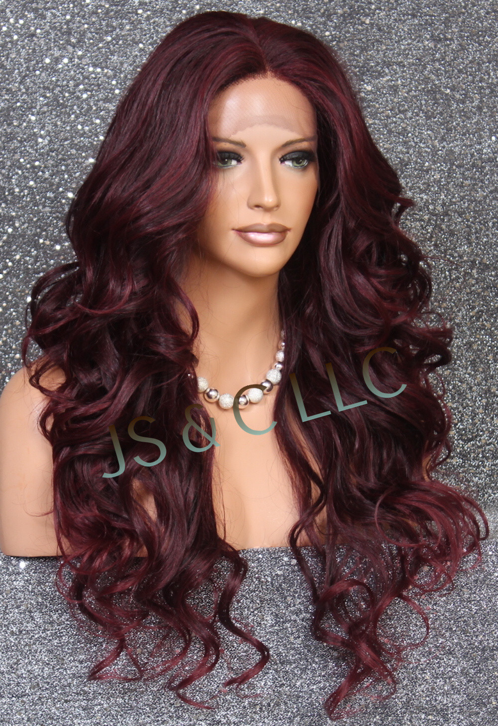 Human Hair Blend Full Mono Lace Front Wig Wavy Burgundy mix Heat OK WBSG 1B-burg
