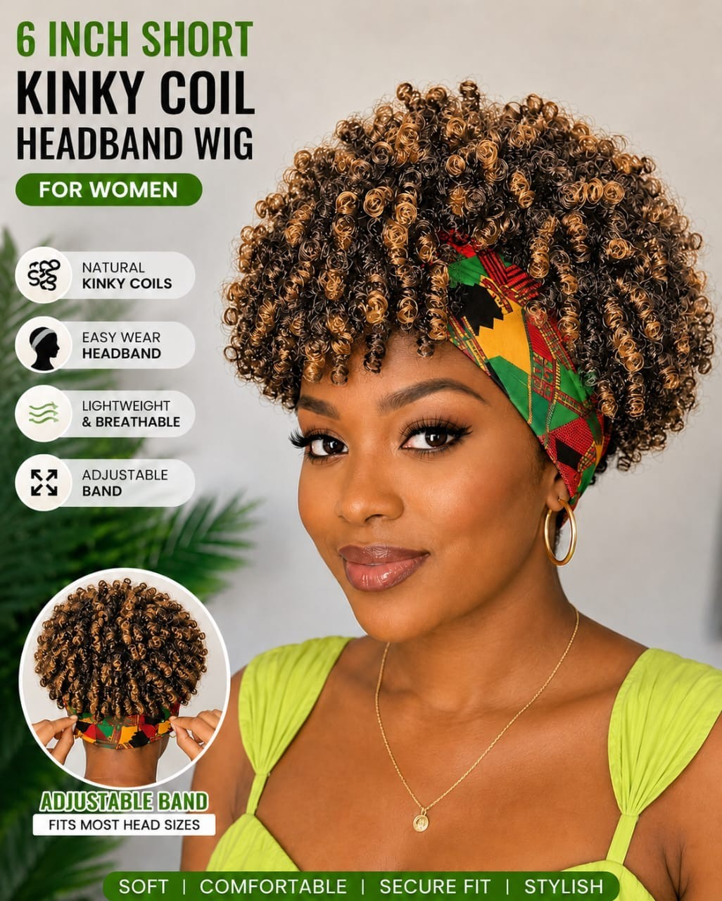 Women’s 6-Inch Short Kinky Coil Headband Wig, African Print Adjustable Headband