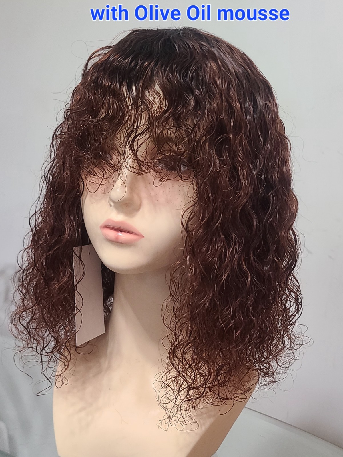 14″Brown Jerry Curl Wig,made From 100%human hair with bangs, Color TT 1B/33(N)
