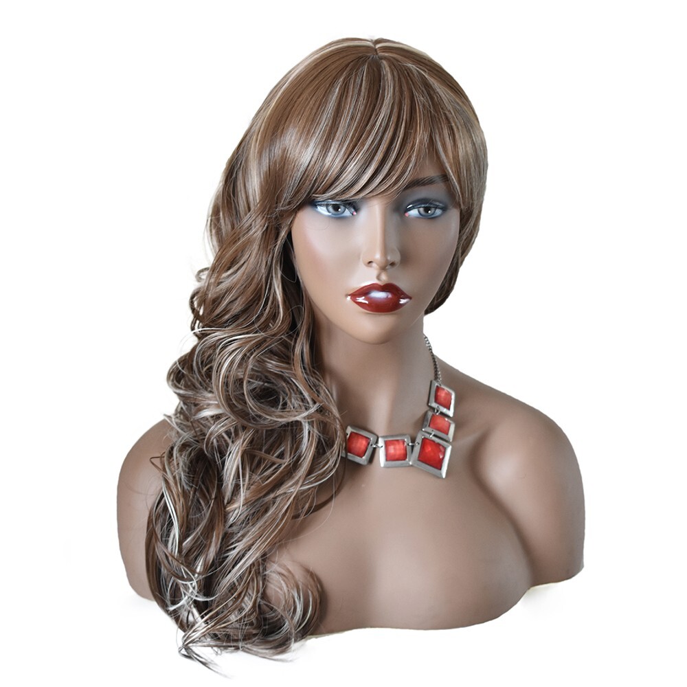 Women Synthetic Machine Made Glueless Wigs With Bangs Black Brown Long Wavy Hair