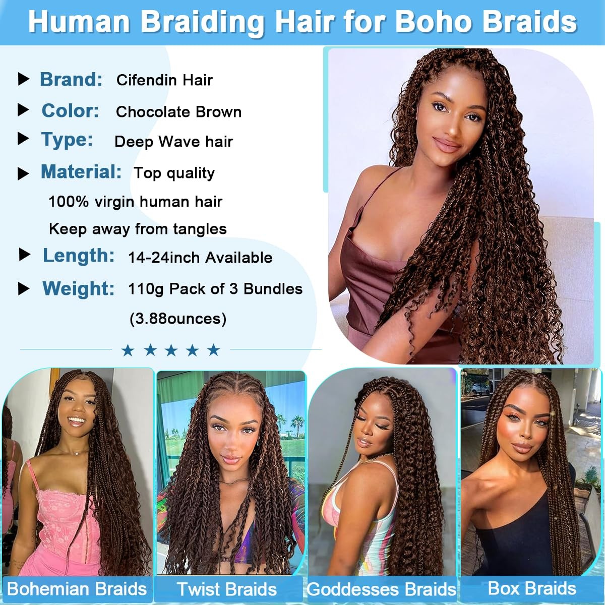 Cifendin Human Braiding Hair For Boho Braids 110G Deep Wave Bulk Human Hair For