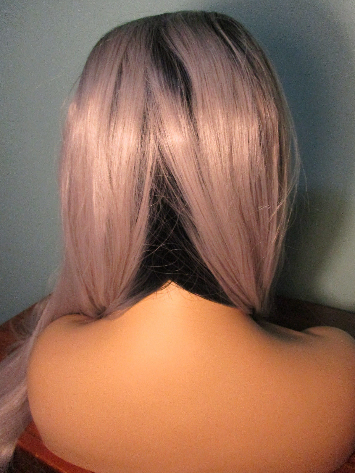 24″ long sleek GRAY with BLACK ROOTS lace front hand tied wig – Miranda