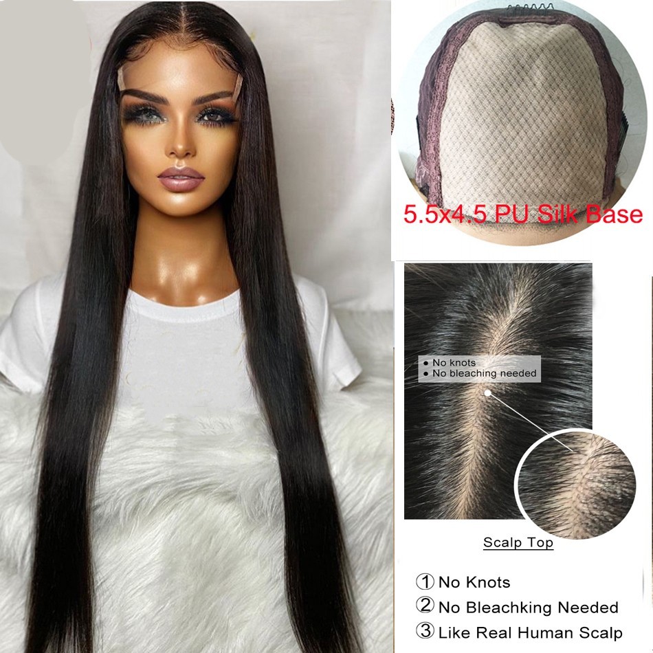 Scalp Top Silky Straight Brazilian Human Hair 5.5X4.5 PU Silk Base Closure Wig