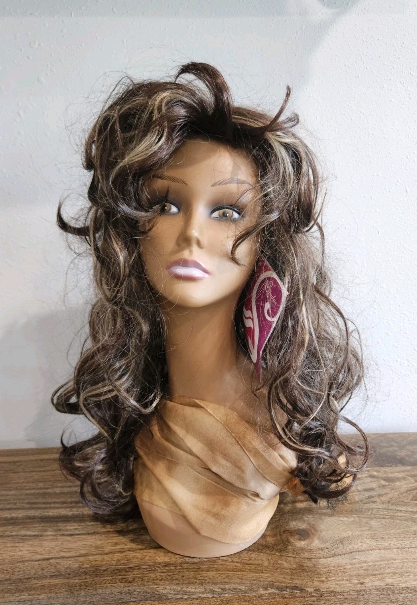 Long Layered Wig Synthetic Brown Bold Blonde Highlights Shag Siudus Heat Resist