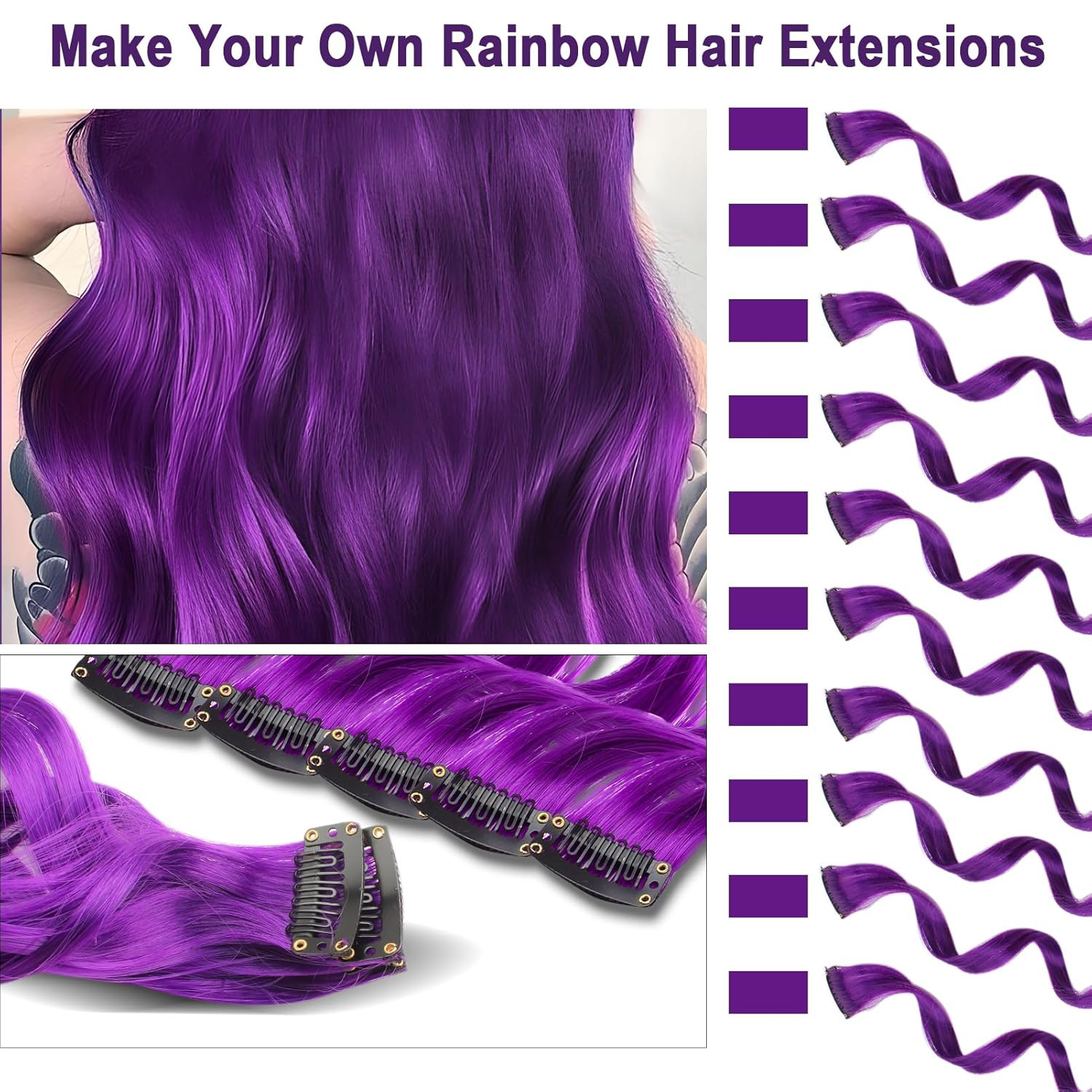 10 PCS Purple Hair Extensions, Curly Wavy Synthetic Hairpieces Clip in Rainbow N
