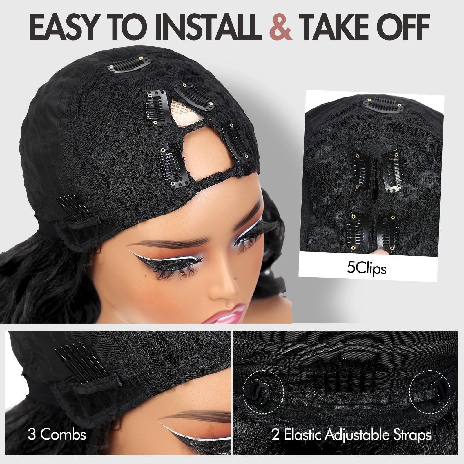 V Part Yaki Curly Wig for Black Women Glueless Wear and Go Synthetic Half Wig…
