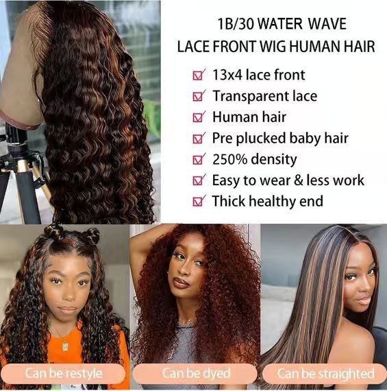 13×4 Water Wave 250% Density Ombre 1B/30 Transparent Lace Wigs Human Hair