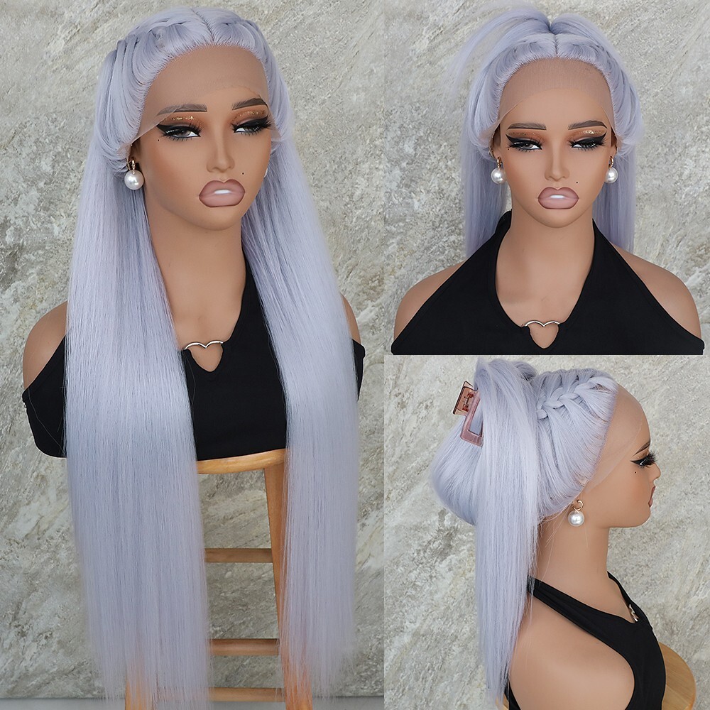 US 32 inch Synthetic Hair Lace Front Wigs Women Party Long Straight Light Blue