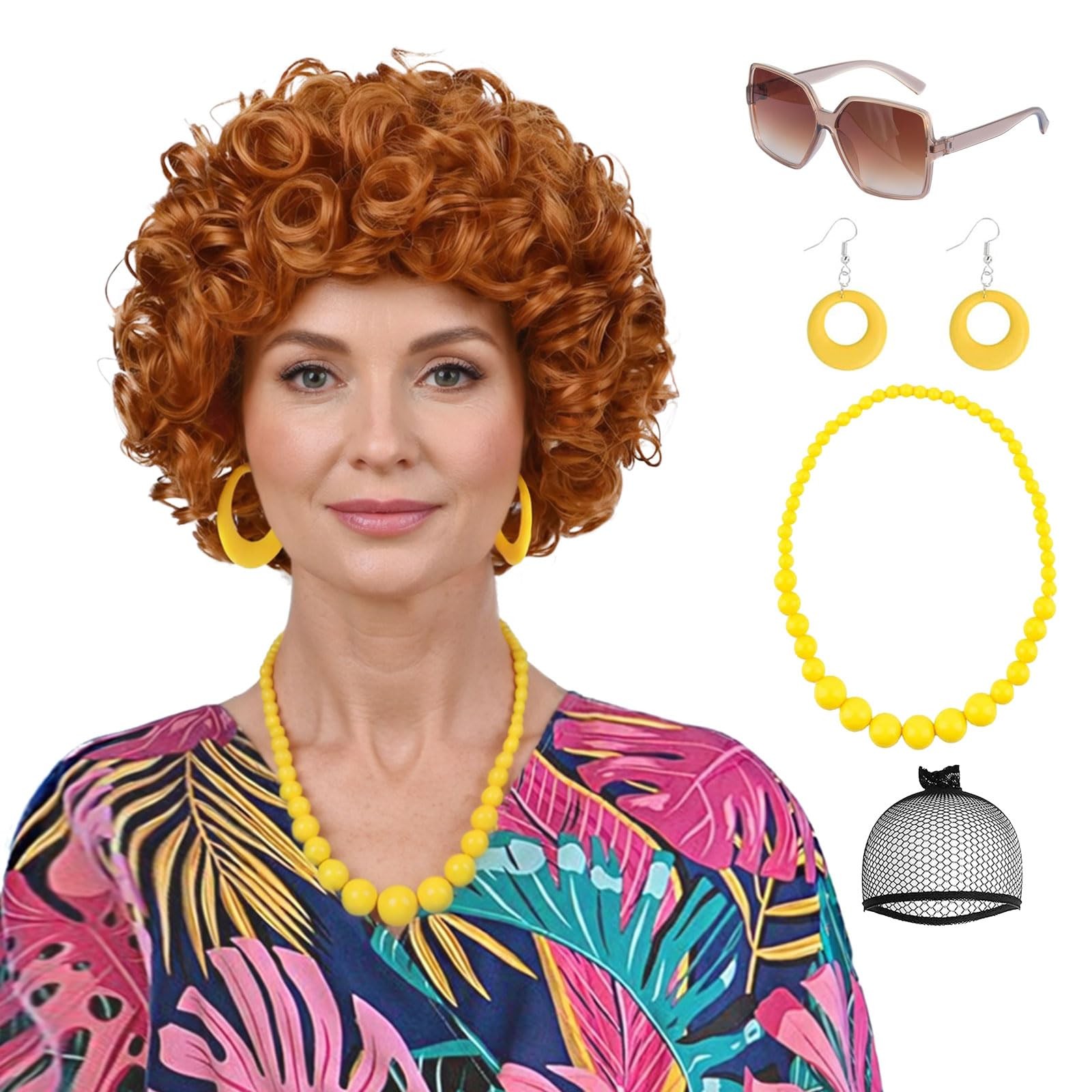 Orange for Landlady Costume Red Orange Curly Synthetic With Yellow Jewelry Ne…