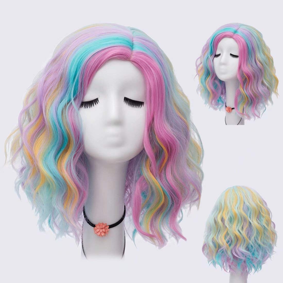 Women 16 Inches Curly Wavy Colorful Rainbow Fashion Anime Party Cosplay Wigs …