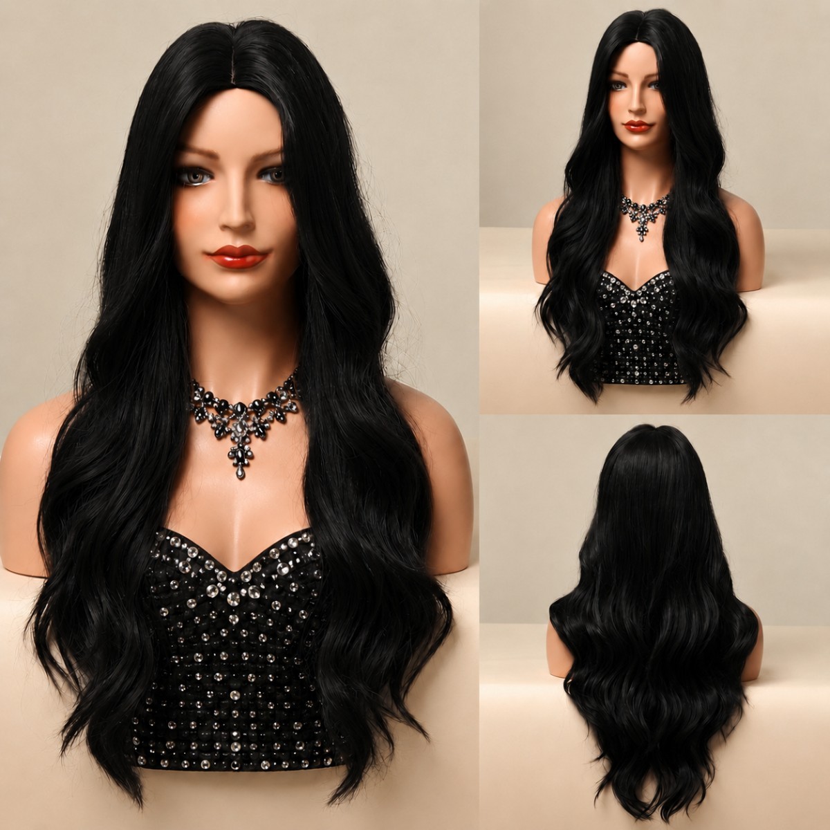 Black Synthetic Hair Heat Resistant Cosplay Wigs Layered Long Wavy