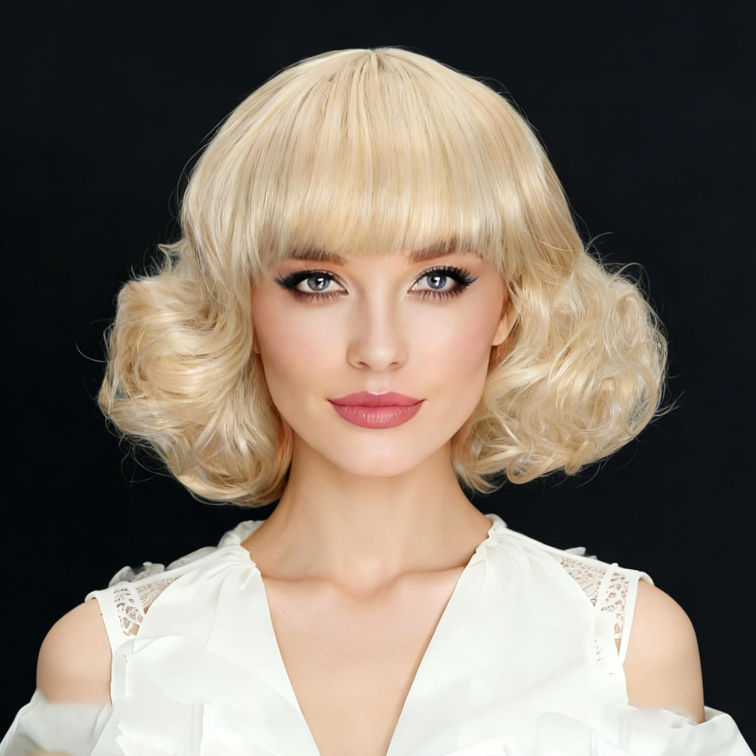 Beige Short Bob Wig with Bangs for Women Honey Blonde Synthetic Curly Natural Ha