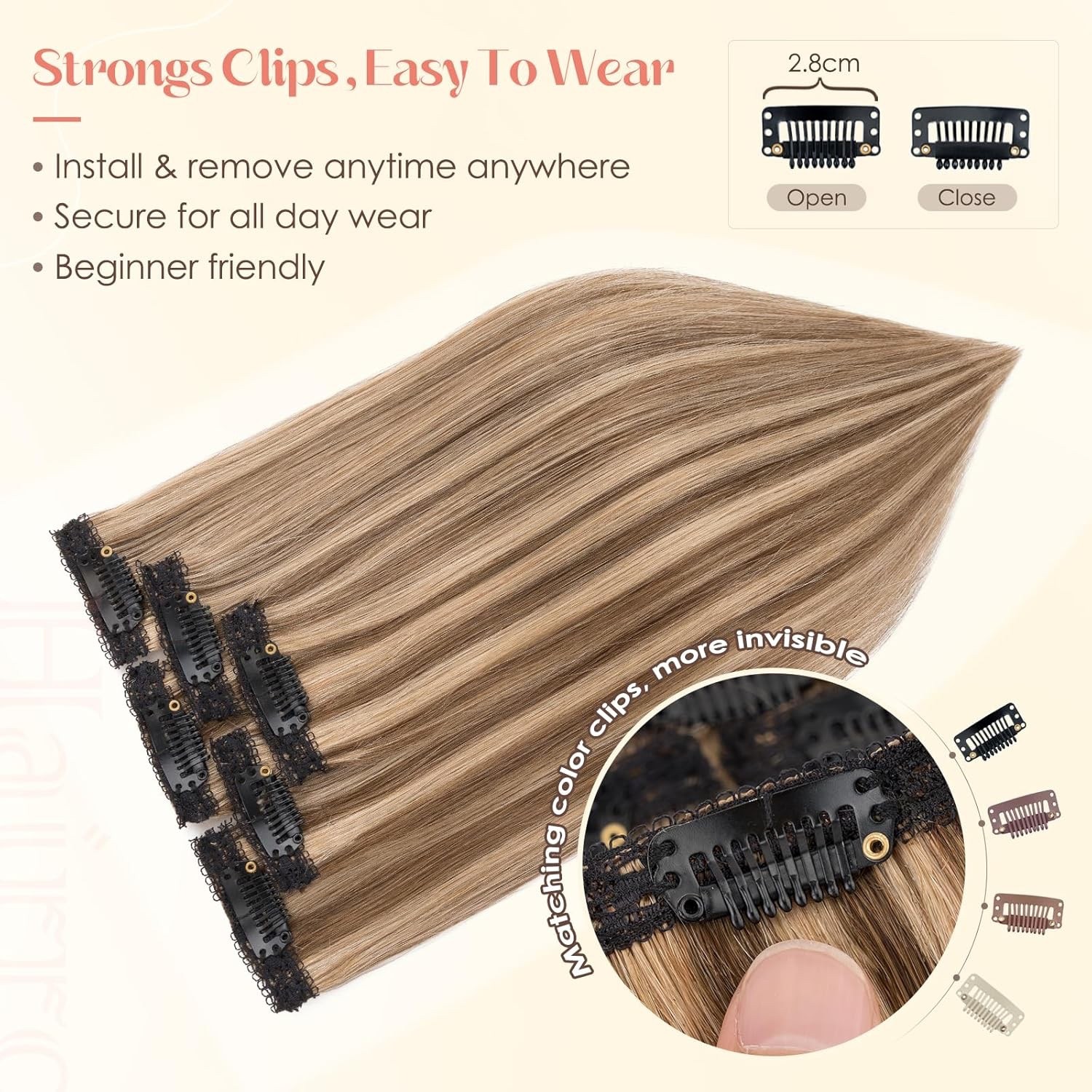 New Real Human Hair 6 Piece Clip Ins Extensions 33g 12″ #4P27 Brown & Blonde
