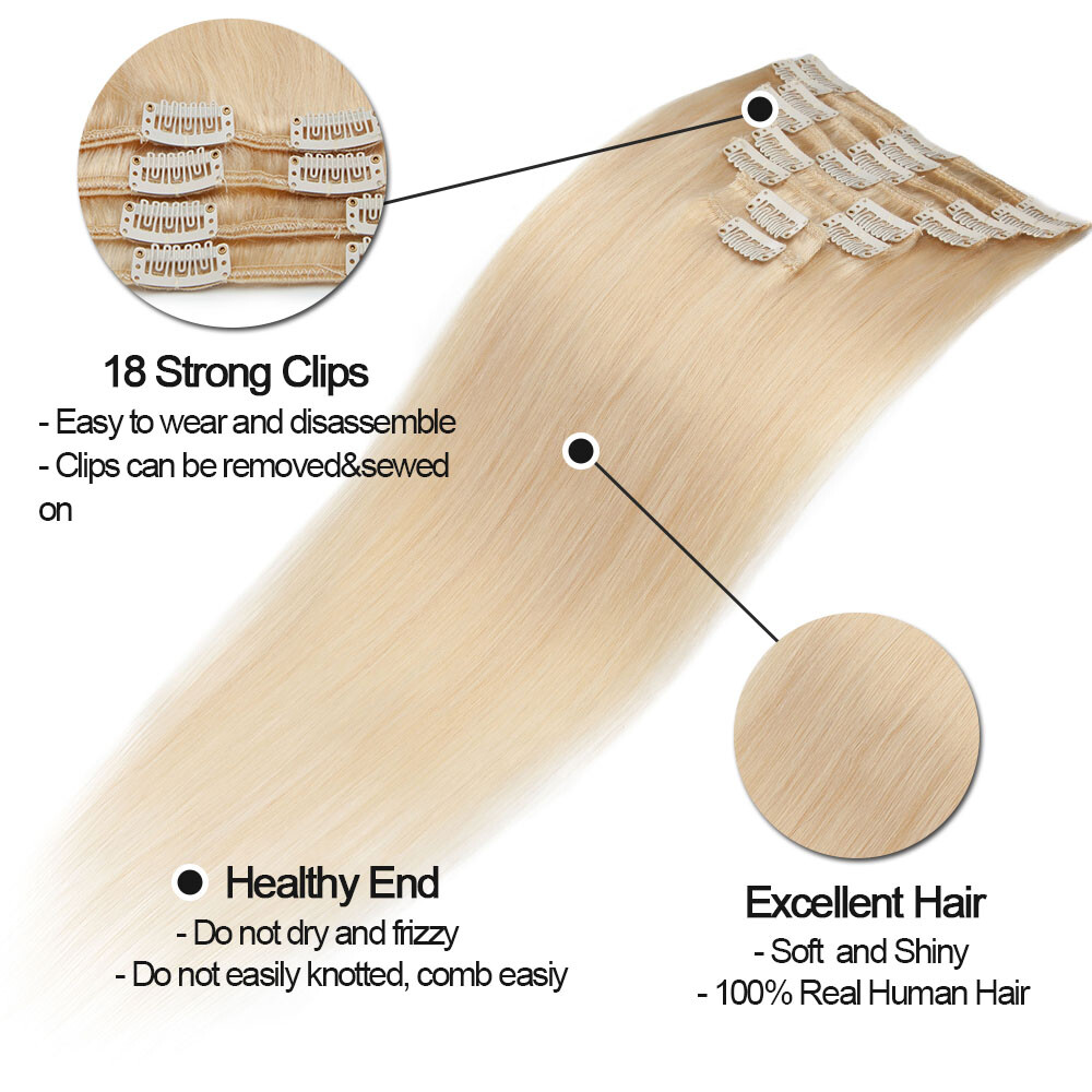 CLEARANCE Clip in 100% Real Human Hair Extensions 8 Pieces Remy Full Head 8″-24″