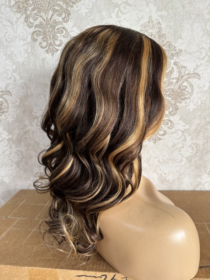 20” Human Hair Brown Honey Blonde Highlights 4X4 Lace Front Wig for Women
