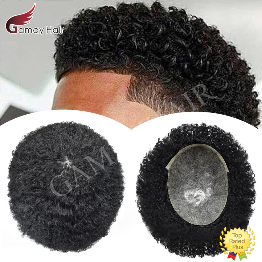 Afro Curly Mens Toupee Full Poly Skin PU Hair System Replacements for Black Men