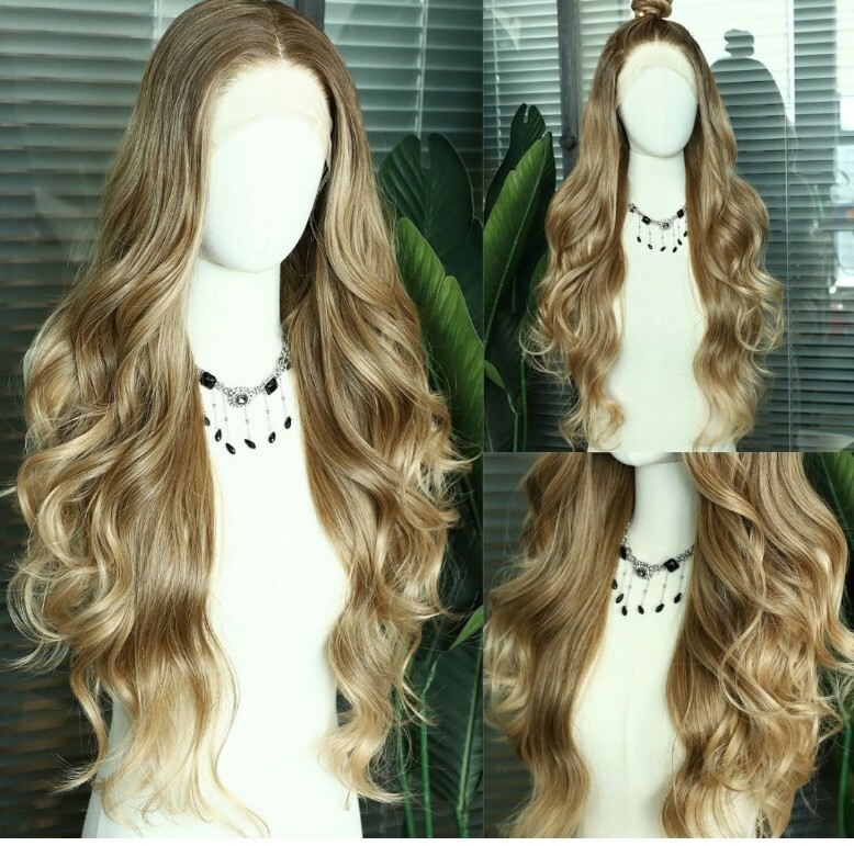 HD Lace Front Wig Human Hair Blend Highlights Wavy Curly Honey BROWN Blonde